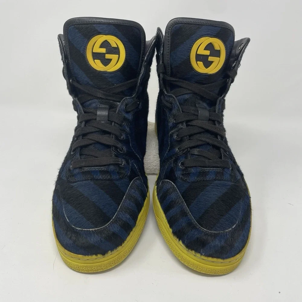 Gucci Mens Blue Black Calf Hair Leather High Top Limited Shoe Sneaker UK6.5 US 7